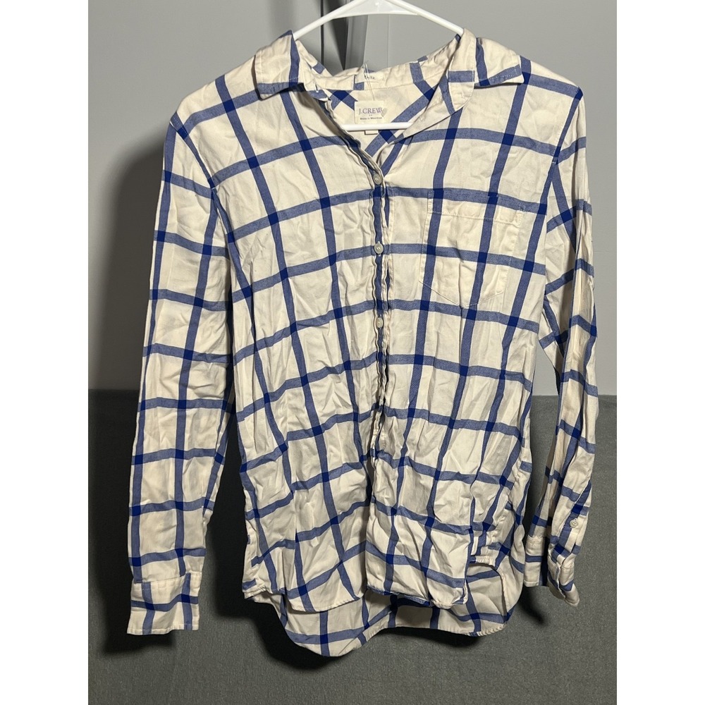 J. Crew Boy Fit Plaid Flannel Shirt Women's Small S Blue White Button‎ Up Top